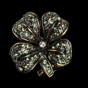 Heidi Daus Clover Clip-On Earrings W/ Crystal Accents Gold Tone Green & Clear Rh